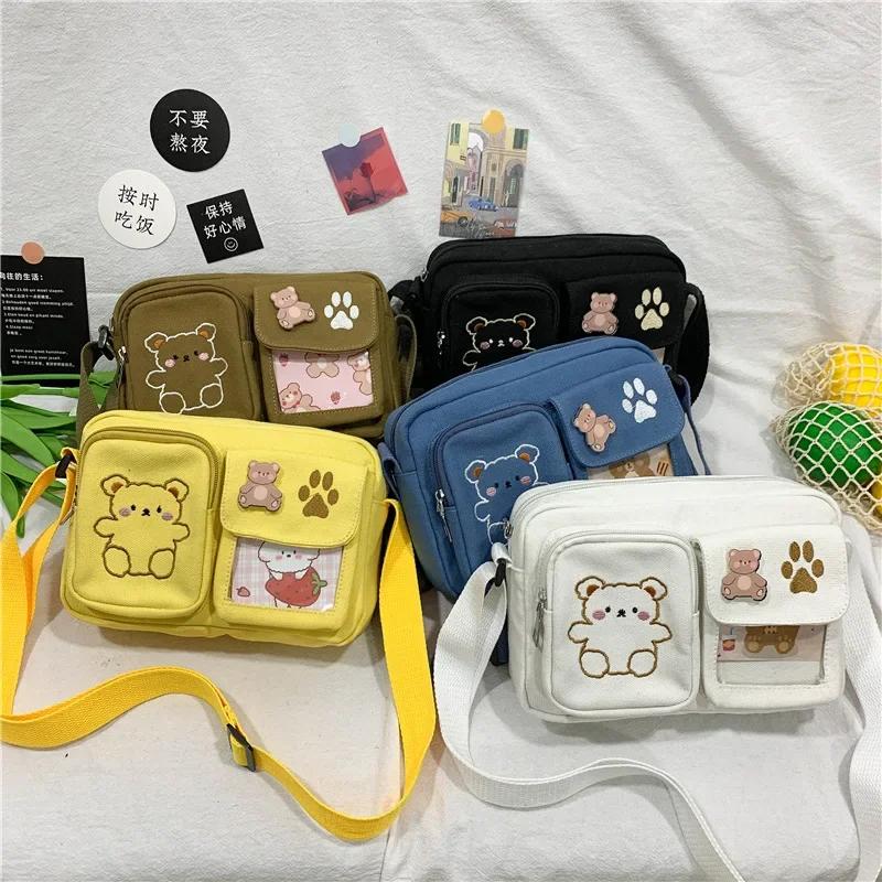 Fashion Canvas Small Bag Japanese Ins Women Shoulder Bag Cute Funny Personality Embroidery Bear Teenager Girl Student Transparent Messenger Bag