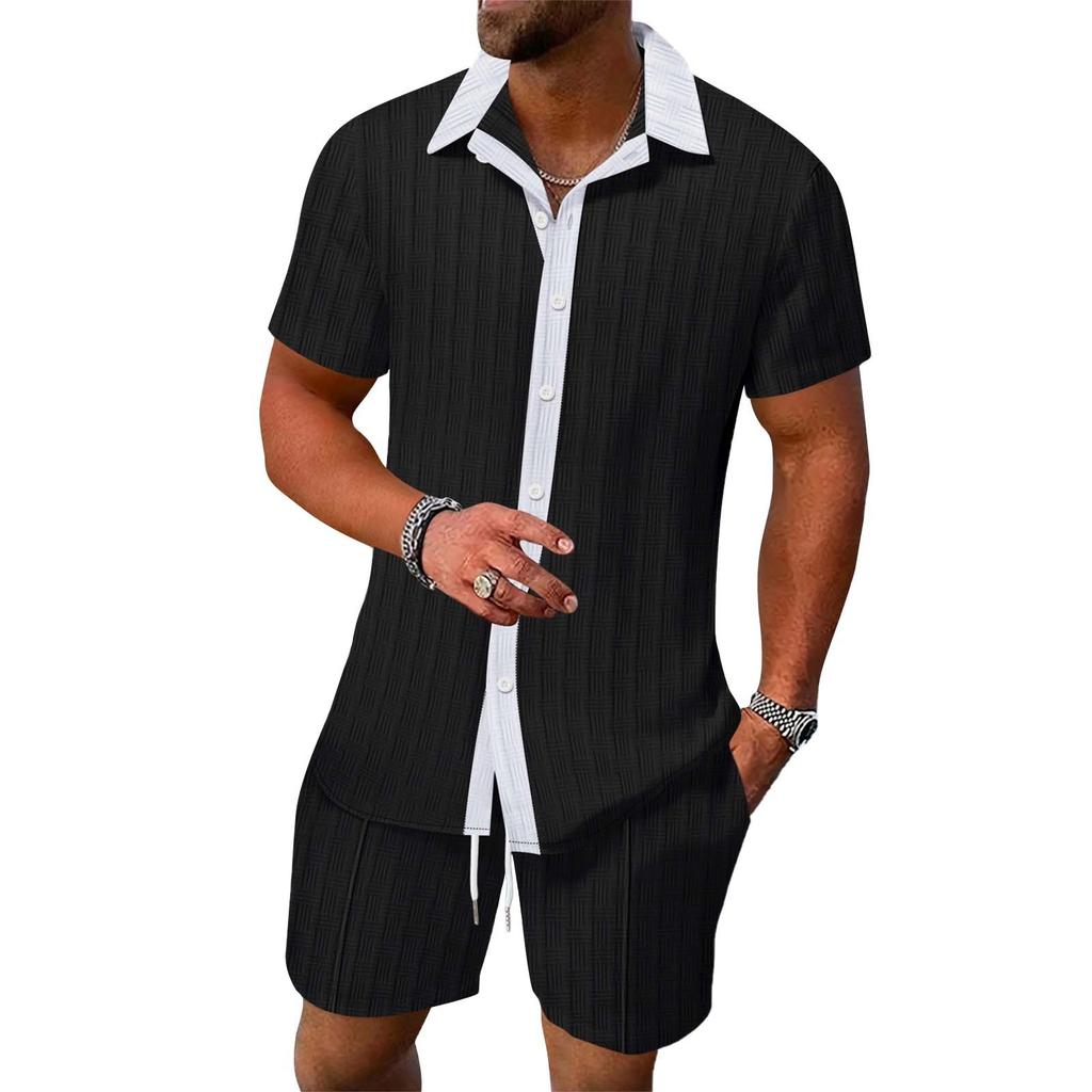 Men's Color Blocked Shirt Casual Short Sleeved Shorts Beach Set