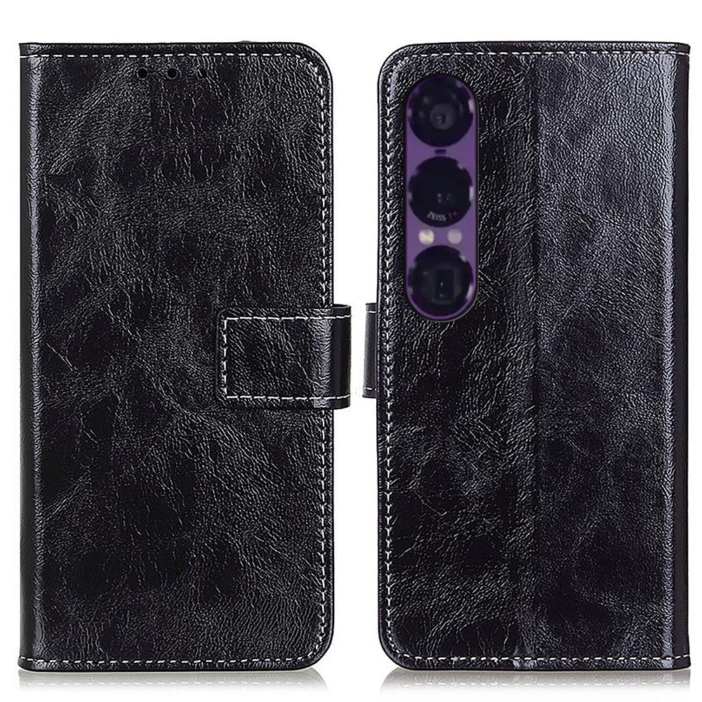 

For Sony Xperia 1 VII Case Wallet Leather Phone Cover Crazy Horse Texture Black