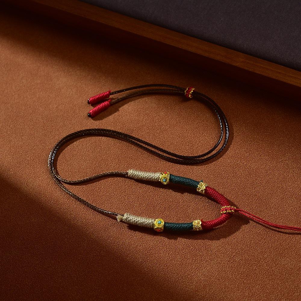 Handmade Amber & Cinnabar Thangka Pendant Necklace with Jade & Gold Cord