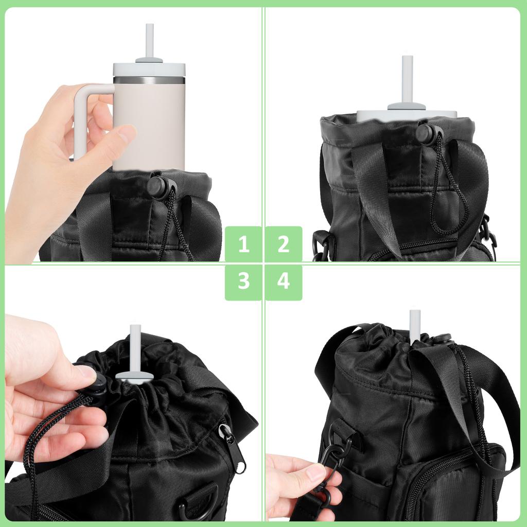Portable Water Bottle Carrier Bag with Pockets Reusable Water Bottle Sling Bag with Adjustable Strap Insulated Mug Cover Bag