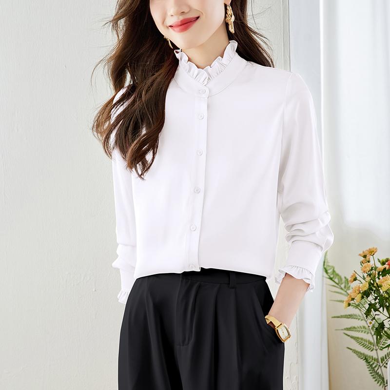 Spring New Long Sleeve Elegant Women Shirts Autumn Button Up Solid Ruffles Collar Women Casual Blouses Tops Fashion Vintage Office Ladies Shirt 26080