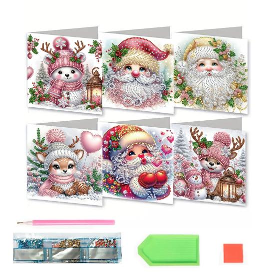 6 Pcs DIY Rhinestone Art Painting Cards Christmas Greeting Card Making Kit with Envelopes 5D Snowman Cat Deer Rhinestone