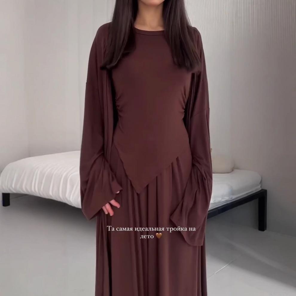 2025 Autumn Versatile Headscarf, Short Sleeve, Midi Skirt Three-piece Set