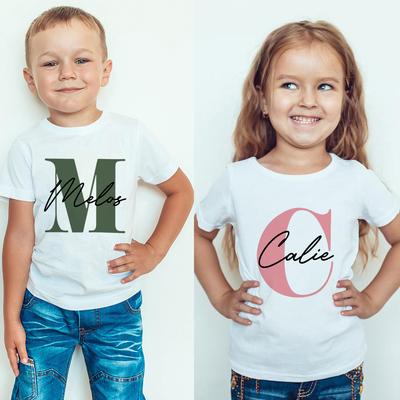 Kids Personalised Name Initial T-shirt Kids Top Children's Custom T-shirts Boy's  Girl's Customised Tee Birthday Gift