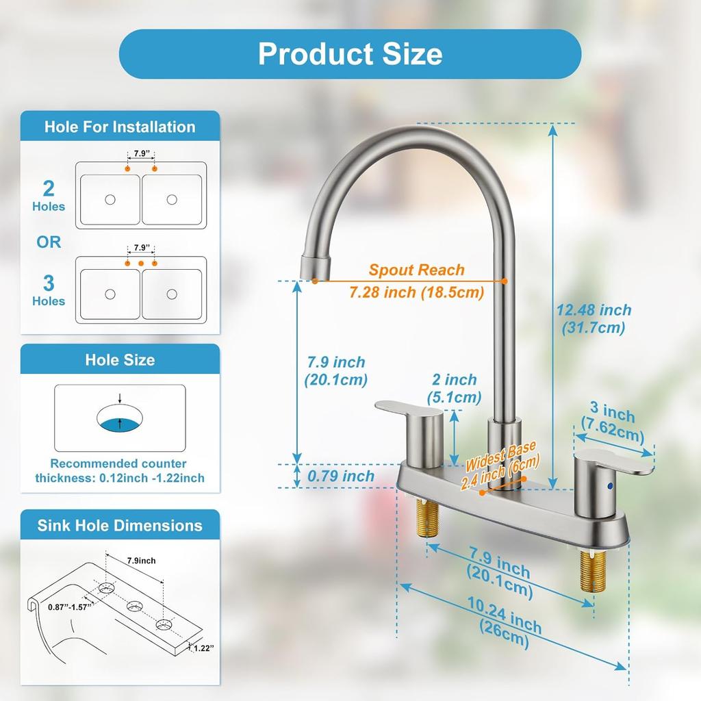 8 Inch Centerset Kitchen Faucet for Sink 3 Hole Dual Handle Kitchen Sink Faucets High Arc 360 Degree Rotating Spout with Supply Lines, Brushed