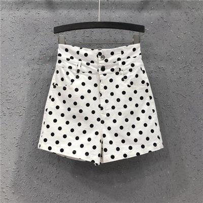 Shorts vaqueros de lunares de cintura alta para mujer Primavera/Verano 2025 - Estilo Hong Kong de moda, Algodón lavado, Corte de pierna ancha