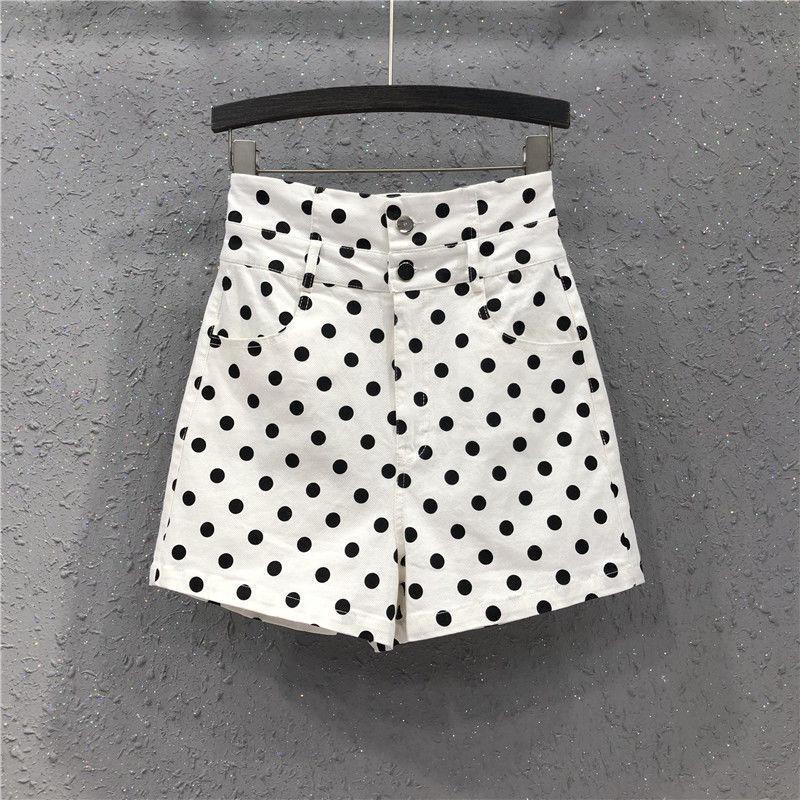 2025 Spring/Summer Women's Polka Dot High Waist Denim Shorts - Trendy Hong Kong Style, Washed Cotton, Wide Leg Fit