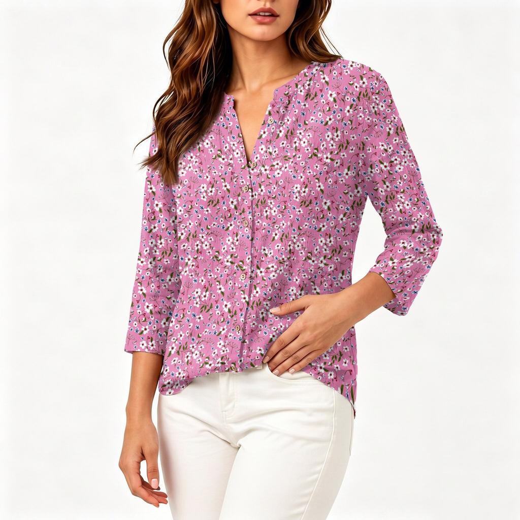 Camicia da Donna Vintage con Stampa Floreale Henley Collo a Bottoni Manica 3/4 in Misto Cotone Lino Top Casual Vestibilità Larga per l'Uso Quotidiano