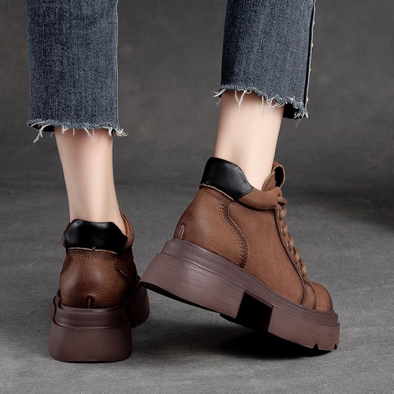 Johnature Retro Genuine Leather Lace-up Short Boots Round Toe Thick Sole Casual Versatile Women's Shoes