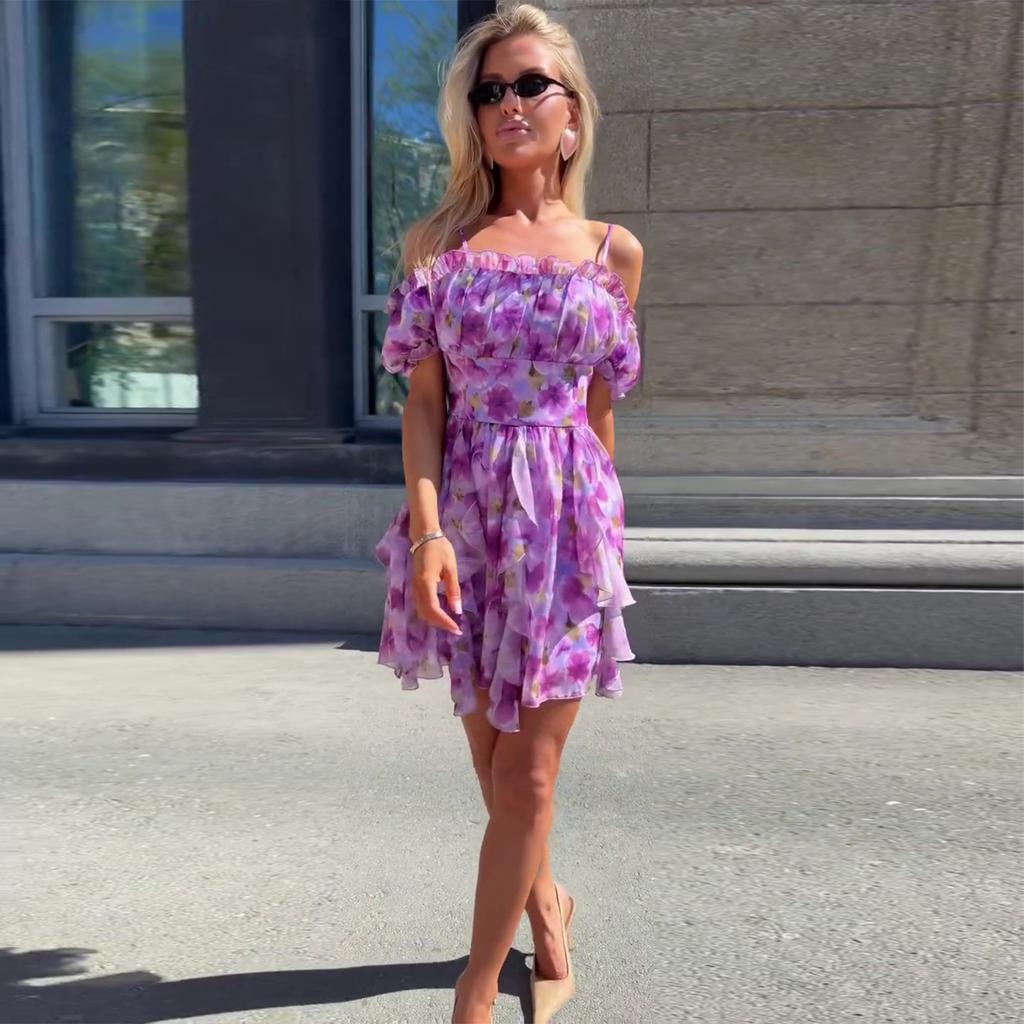 European and American women's clothing 2026 summer new sweet and spicy wind bubble sleeves floral high-waisted lotus leaf edge suspender dress
