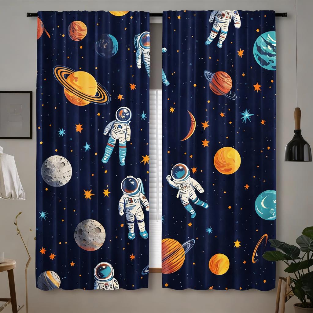 2 ks Závěsy s motivem vesmíru, Kreslený astronaut a téma sluneční soustavy, Modré galaktické okenní závěsy pro ložnici, obývací pokoj, P