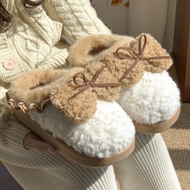 New bow cotton slippers winter velvet warm fluffy slippers indoor thick bottom heightening non-slip can be worn outside