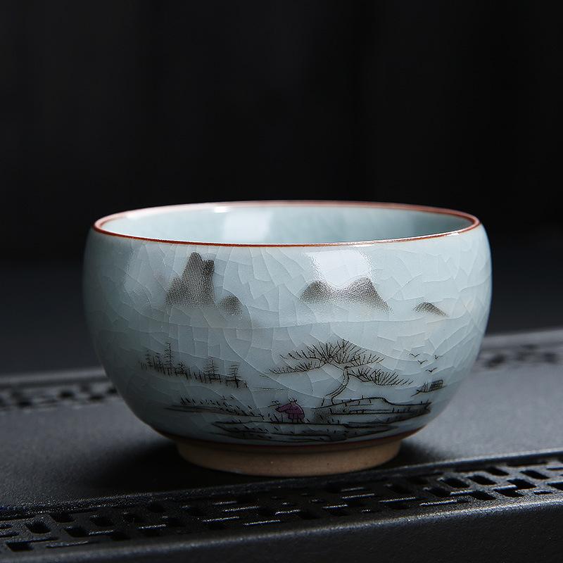 Tea Cup Ceramic Tasting Cup Hand-painted Ru Kiln Crackle Glaze Nurturing Pu'er Kung Fu Single Cup Retro Master Cup with PrintLOG