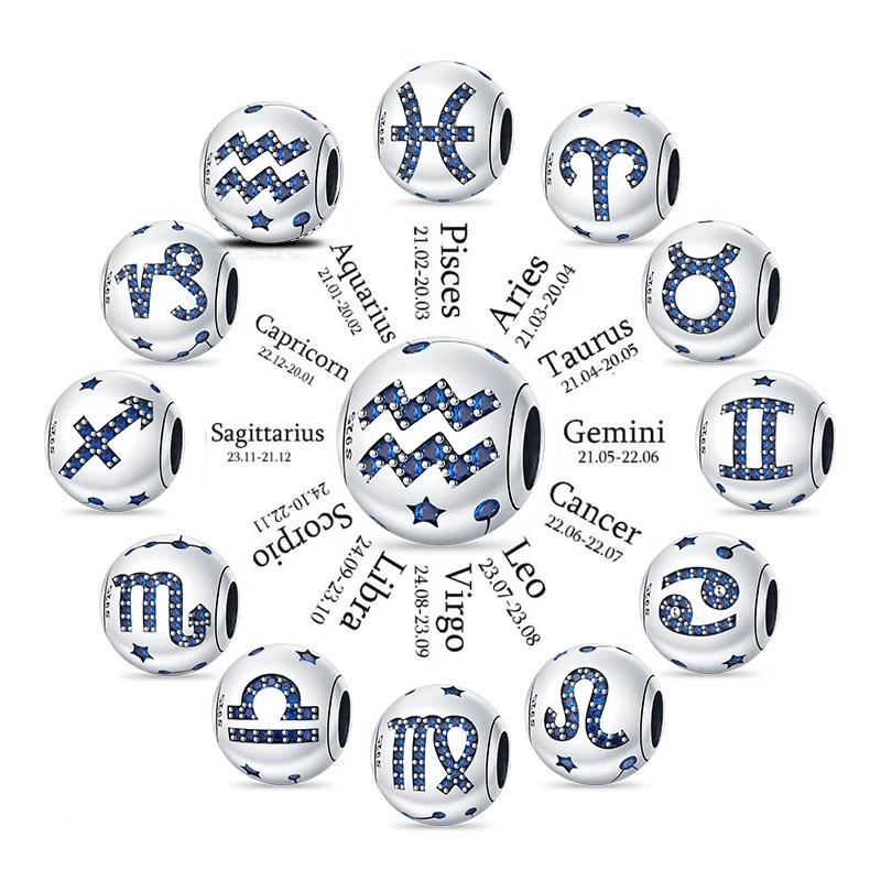 Copper Metal Blue Zircon 12 Constellation Charm Bead Components Bead Component Compatible With Authentic Original Bracelets High Quality Fine Do It