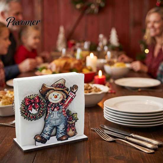 Decorative Winter Kitchen Accessories Snowman Napkin Holder for Dining Table, Wood Vertical Farmhouse Style Dispenser, Christmas Tissue Storage