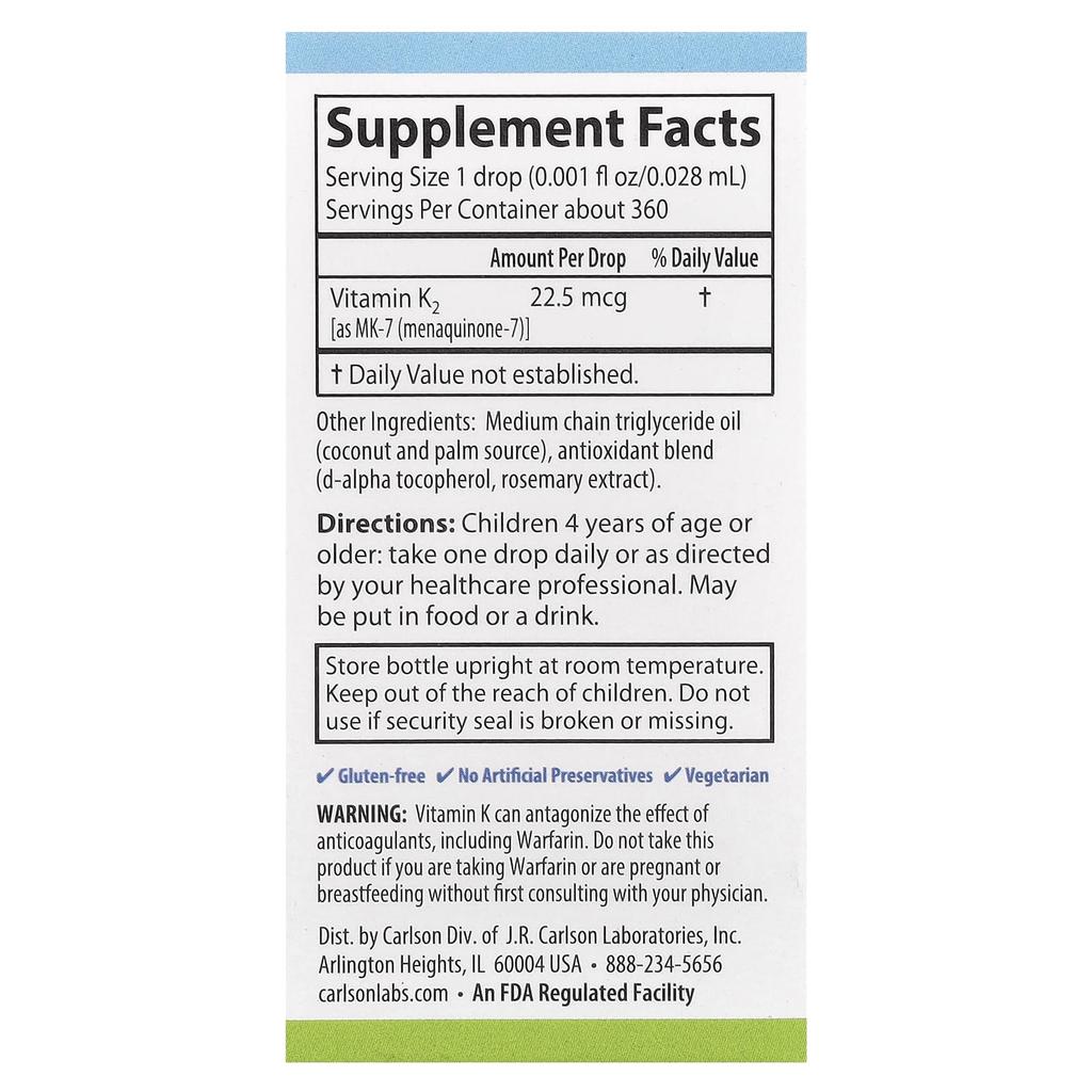 Carlson, Kinder, Super Daily K2, 22,5 mcg, 0,34 fl oz (10.16 ml)