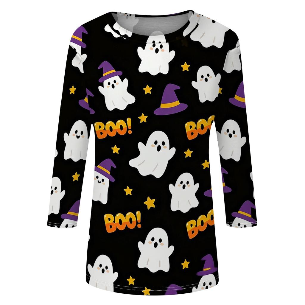 Women's Casual 3/4 Sleeve Halloween Graphic Top Crew Neck Printed Shirt Lightweight Comfortable Fit