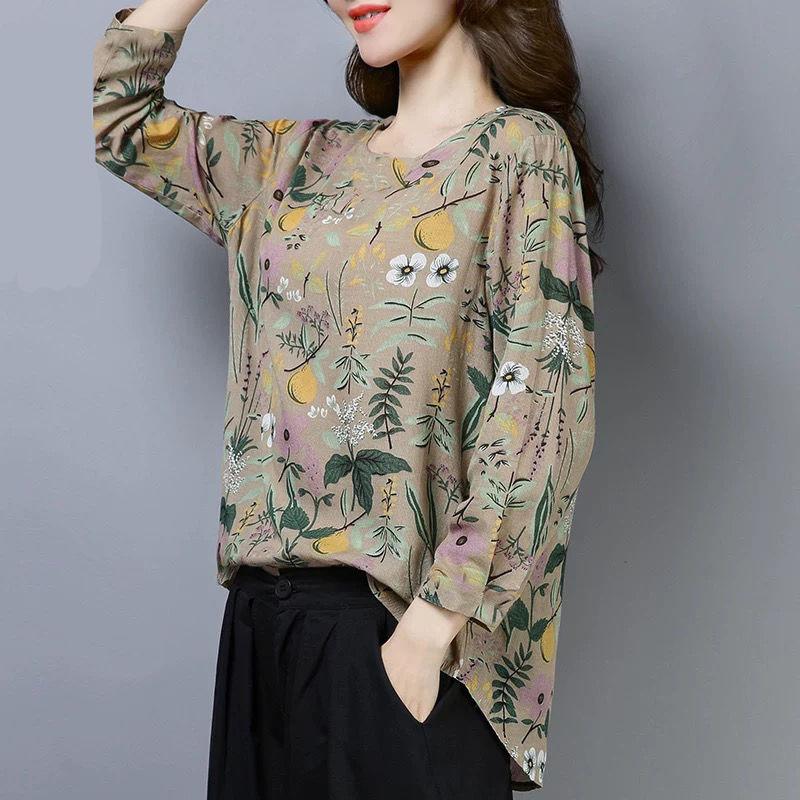 Floral Long-sleeved T-shirt Women's Spring and Autumn Models, Large Size Middle-aged Mothers, Western-style Bottoming Shirt, Literature and Art