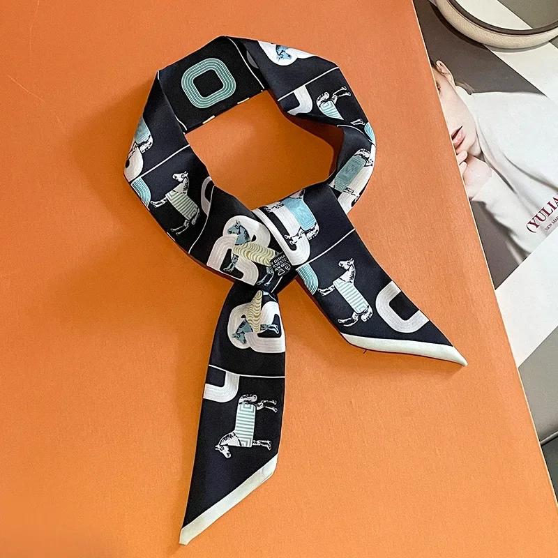 Silk Scarf Women Luxury Chain Print Bag Skinny Scarves Wraps Wrist Towel Foulards Neckerchief Headband Muslim Hijabs