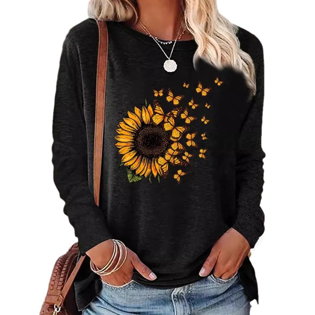 Round Neck 3D Printed Sunflower Pattern Top Fashionable Casual Long Sleeved Women's T-shirts