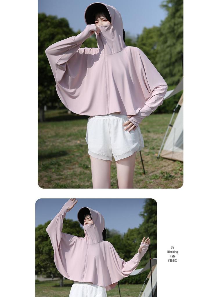 UPF50+ Anti-UV Black Sun Protection Shawl for Women, Breathable Ice Silk, Cooling Loose Fit.