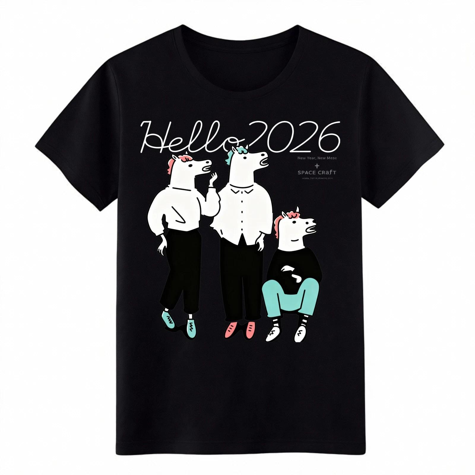 

Hello 2026 Cartoon Horse Graphic Tee-New Year Unisex T-Shirt for Festive Vibes 4XL