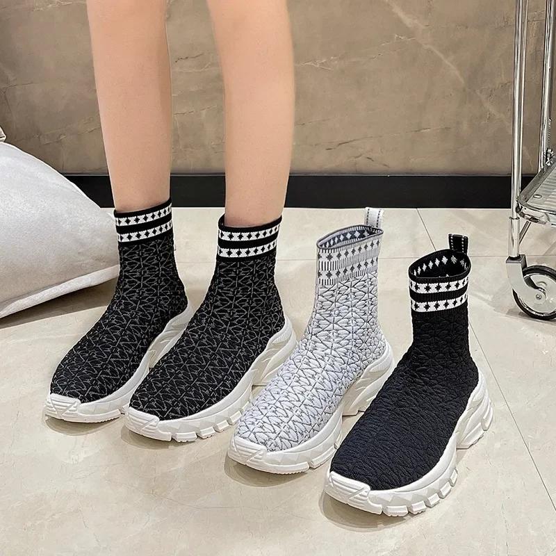 Women's Autumn Stretchy Knitted Ankle Boots Sock Style Slip On Retro Flat Sport Short Boots Female Shoes Botas De Mujer 2024
