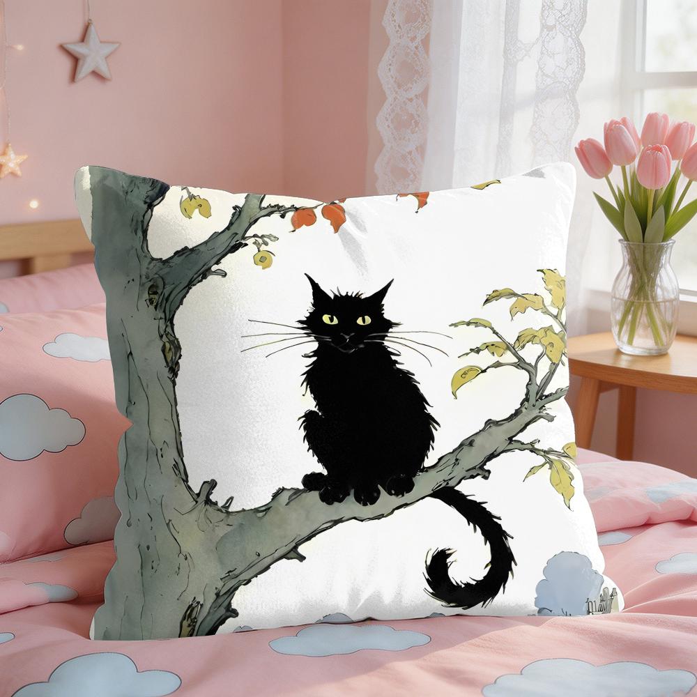 Cartoon Little Black Cat Cushion Cover Square Short Plush Pillow Case Living Room Sofa Home Decor Funda X