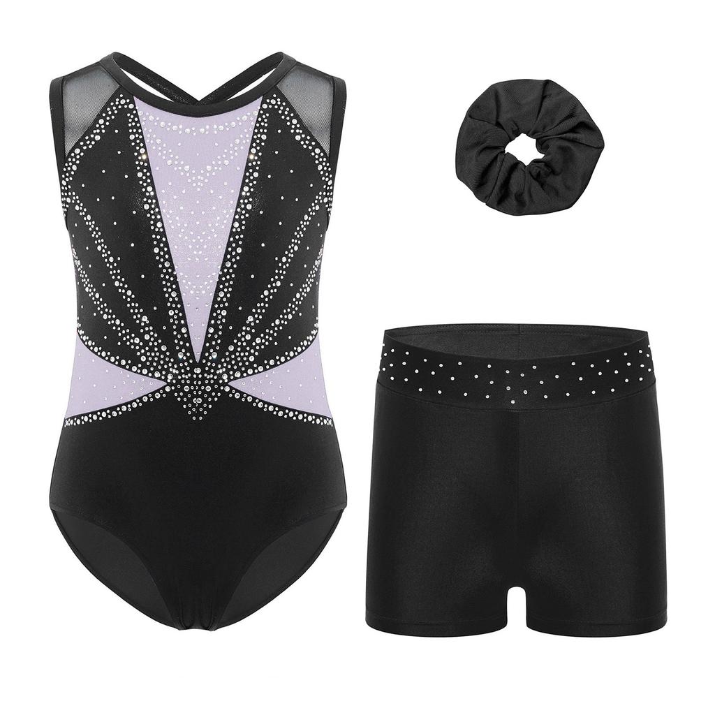 Girls Dance Gymnastics Outfit Sleeveless Crisscross Back Shiny Rhinestones Color Block Metallic Leotard Elastic Waistband Short