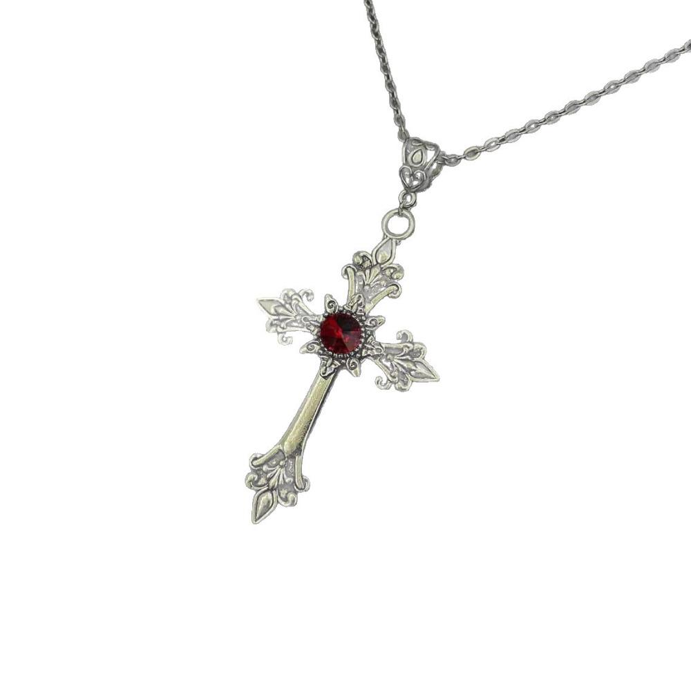 Gothic Victoria Red Crystal Cross Pendant Necklace for Men Women Personality Punk Hallowmas Party Vampire Jewelry Accessories