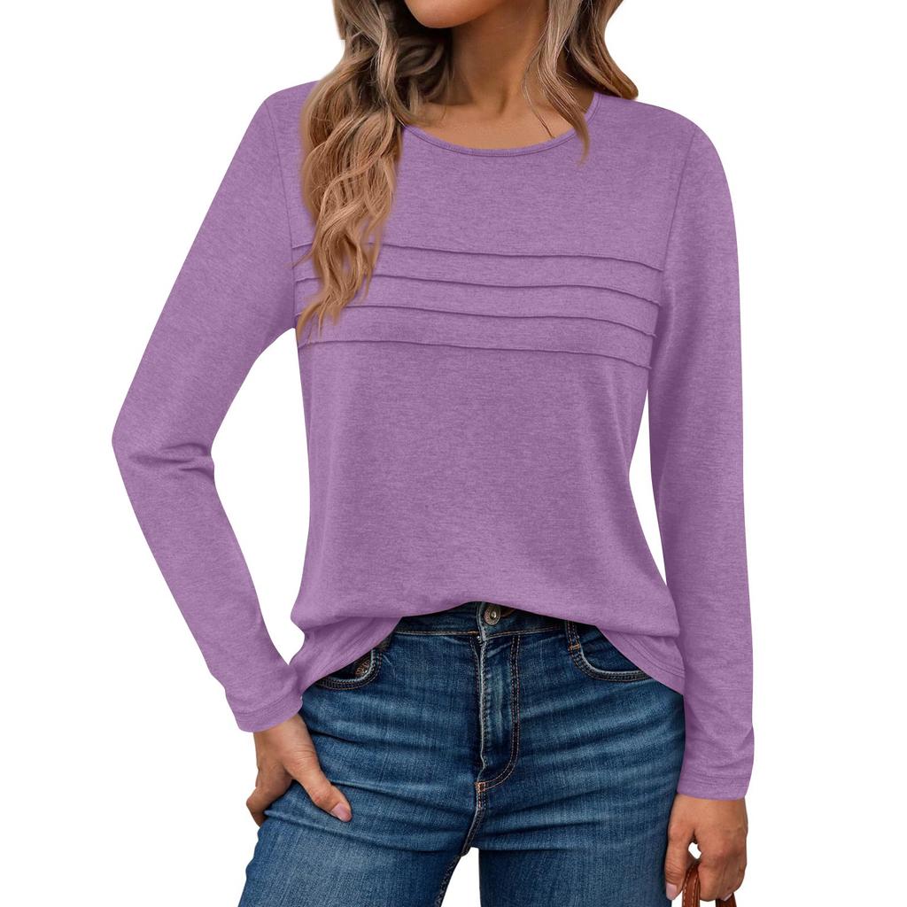 Long Sleeve Shirts For Women Pleated Solid Color Casual Blouses Fashion Basic Round Tops