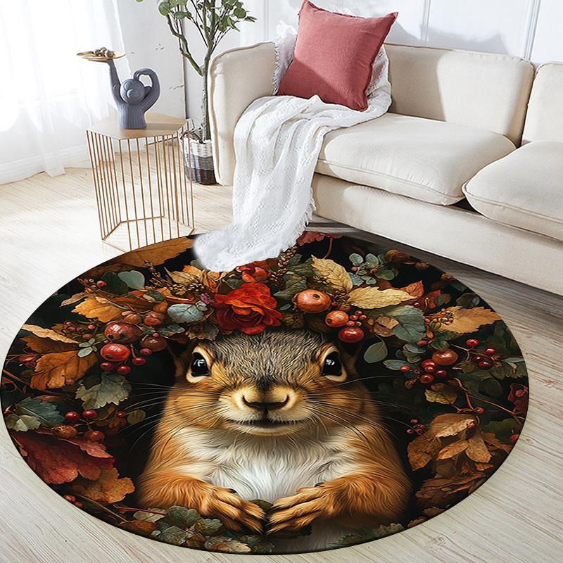 Herbst-Eichhörnchen Runder Teppich, Teppich für Wohnzimmer Schlafzimmer Sofa Spielzimmer Dekor, Rutschfeste Fußmatte