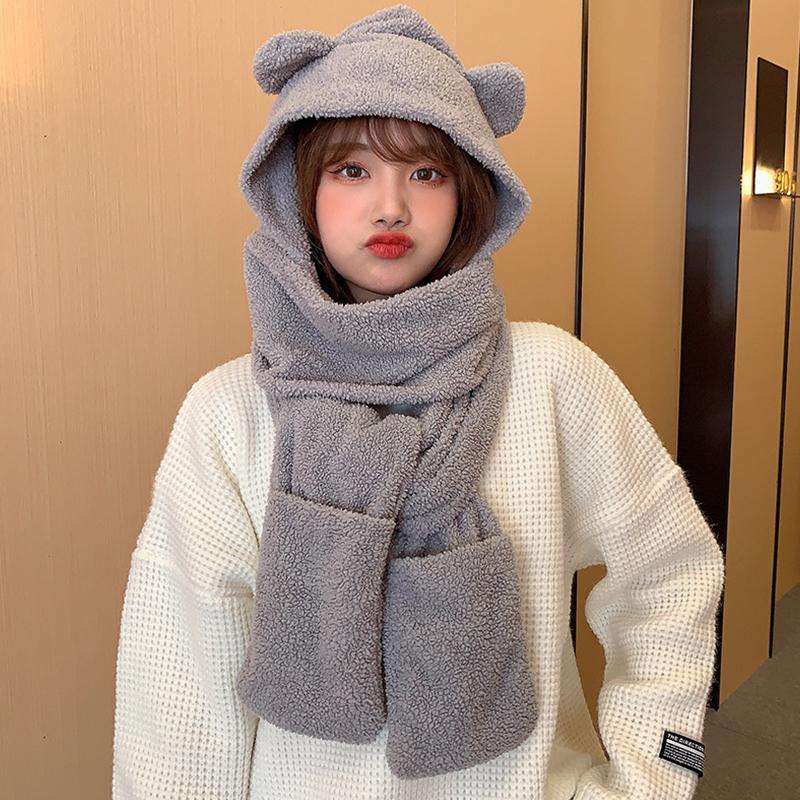 

Autumn And Winter Cartoon Cute Bear Hat Scarf Three-In-One Korean Style Hat Warm And Comfortable Ear Protection All-In-One Hat one size