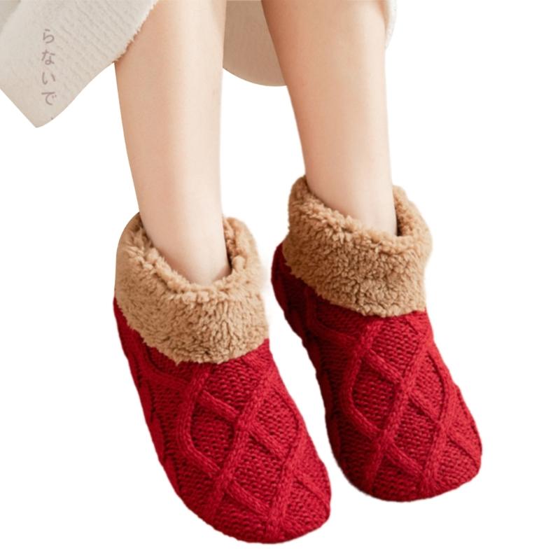 Unisex Thermal Knit Ankle Socks for Cold Weather Nonslip Grip Bottom Soles Floor Socks Thick Fleece Lined Slipper Socks