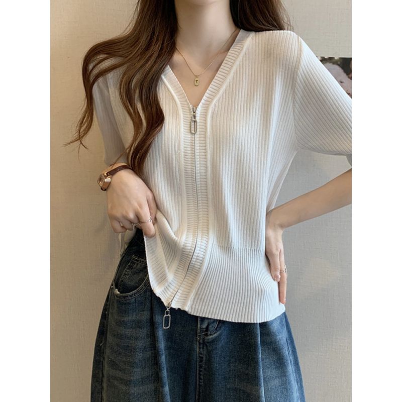 Thin Ice Silk Zipper V-neck Shoulder T-Shirt Short Sleeve