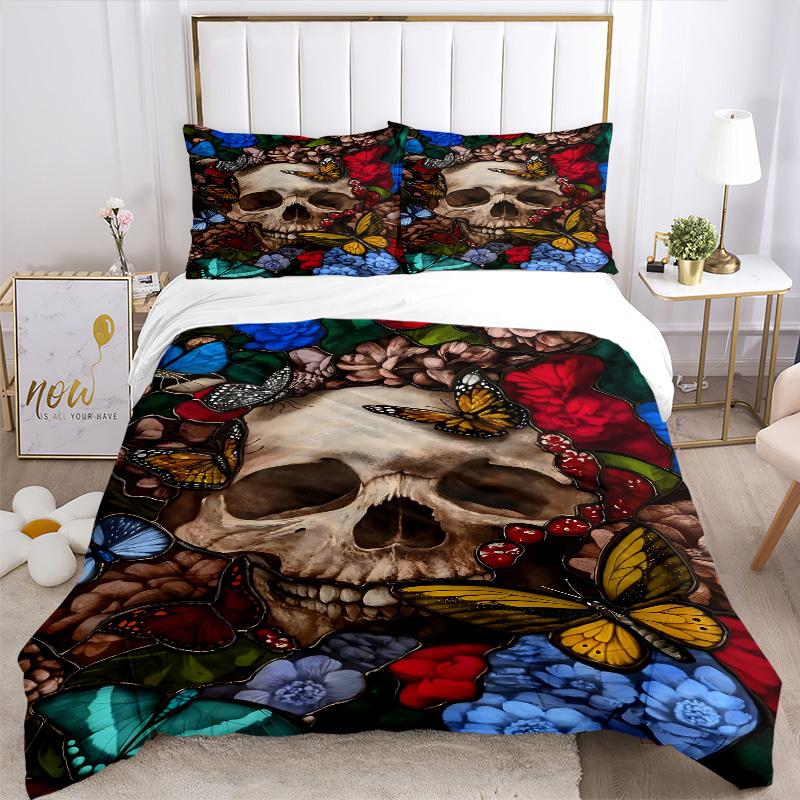 3pcs Skull, Butterfly Garden Duvet Cover Set - Machine Washable, Includes 1 Cover and 2 Pillowcases, No Core Included yy251013017