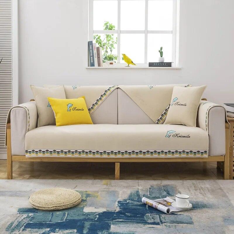 Chenille Dolphin Embroidered Sofa Towel Universal Sectional Solid Color Sofa Cover Modern Anti-slip Couch Cover for Living Room