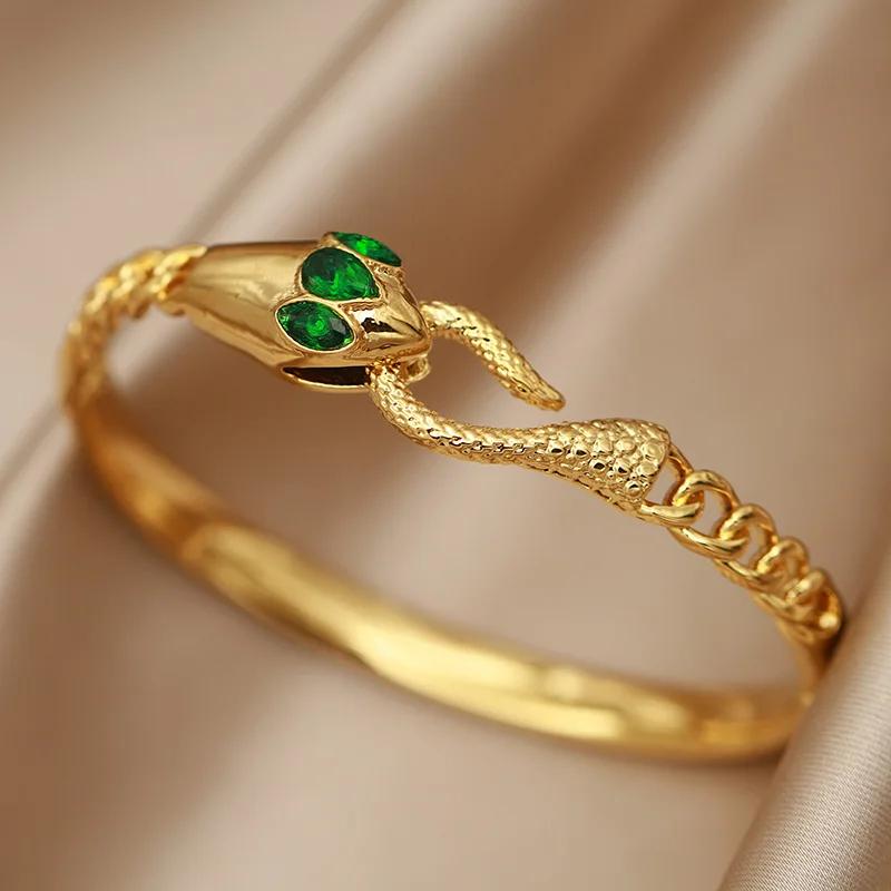 FYSARA Green Eye Snake Shape Desgin Stainless Steel Bracelet  Clasp Titanium Steel Bangle for Women Geometric Zircon Gifts