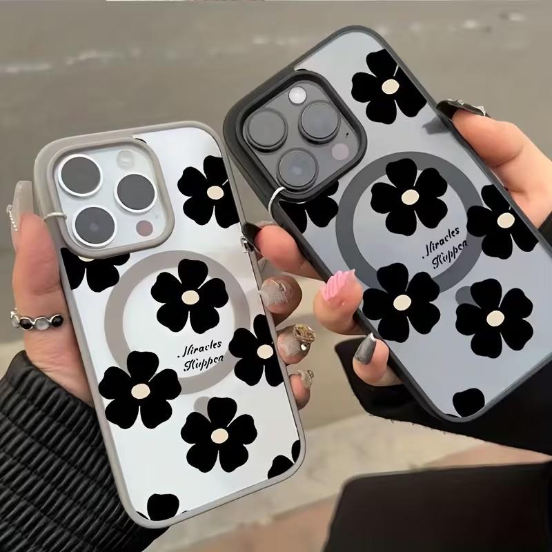 For Samsung S26 S25 Ultra Black Floral Pattern Phone Case for Galaxy S25 FE S26 S24 S23 Plus Magnetic Wireless Charging Cover