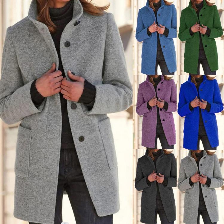 Women Casual Solid Color Coat Single Breasted Stand Collar Fashion Outerwear