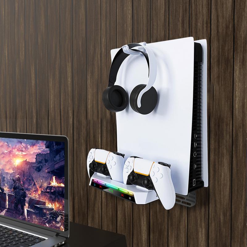 Supporto a Parete con Caricabatterie Doppio per Controller Luce RGB Supporto Caricabatterie in Metallo da Appendere a Parete per PS5 e PS5 Slim Versione a Disco e Digitale