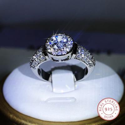 Silver Classic Gypsophila Inlaid With Large Zircon White Crystal Ring For Women Party Wedding Engagement Cubic Zirconia Ring