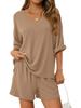 European Women's Loose V-Neck Two-Piece Set: Short-Sleeve Top and Shorts, Casual.