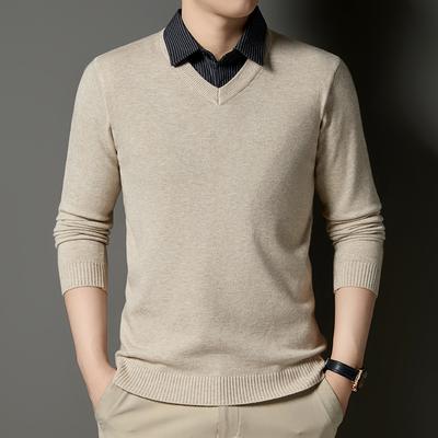 Neuer Herbst- und Winter-Strickpullover mit falschem zweiteiligem Hemdkragen für Herren, Streifen, modisch, warm, hautfreundlich, Basispullover