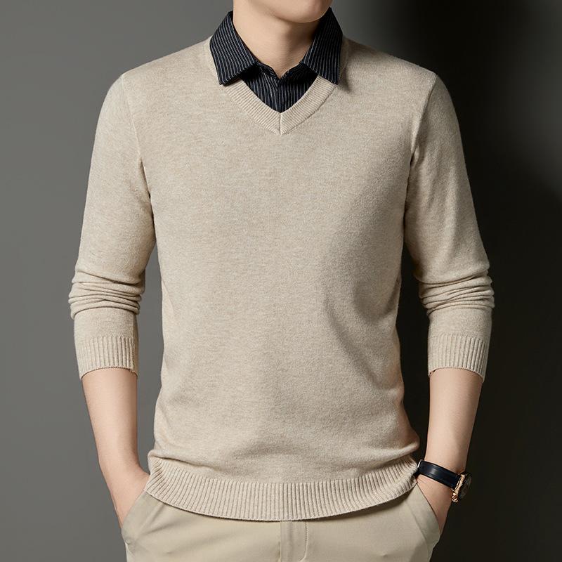 New Fall and Winter Fake Two-piece Shirt Collar Knitted Sweater for Men Stripes Fashionable Warm Skin-friendly Base Sweater