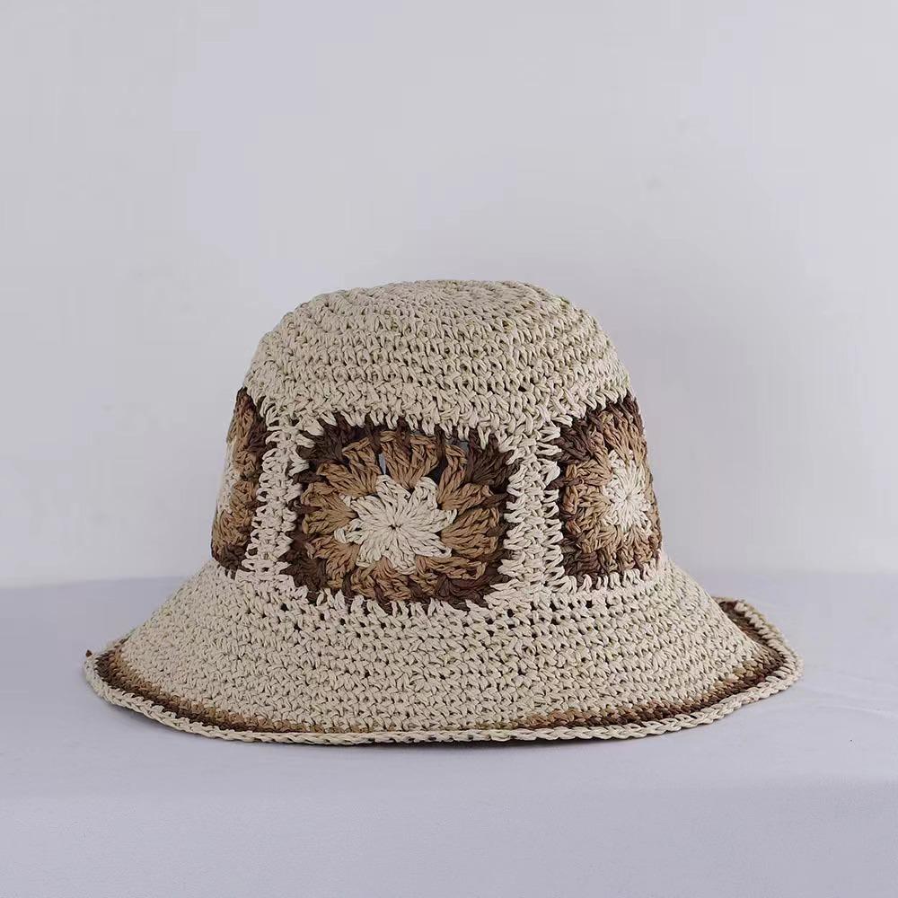 Summer face covering small sunscreen bucket hat woven flower straw hat bucket hat women's versatile sun hat