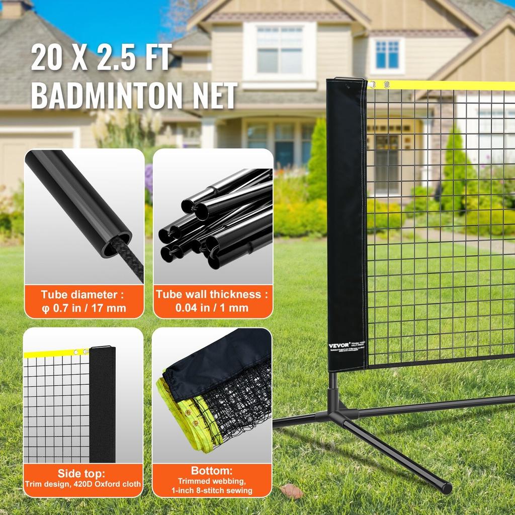 Badminton Net, Height Adjustable Volleyball Net, 20ft Wide Foldable Pickleball Net, Portable Tennis Net Set with Poles, Stand, Bag, Rackets, Nylon