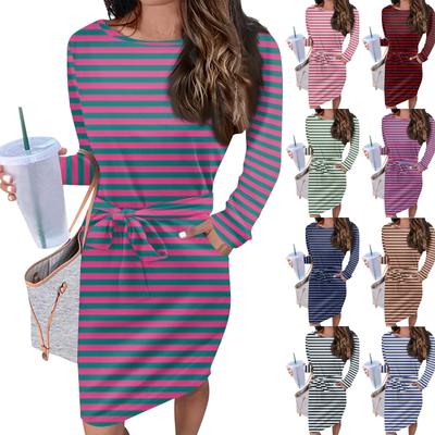 Robe décontractée à rayures pour femme, sexy, col rond, manches longues, taille haute