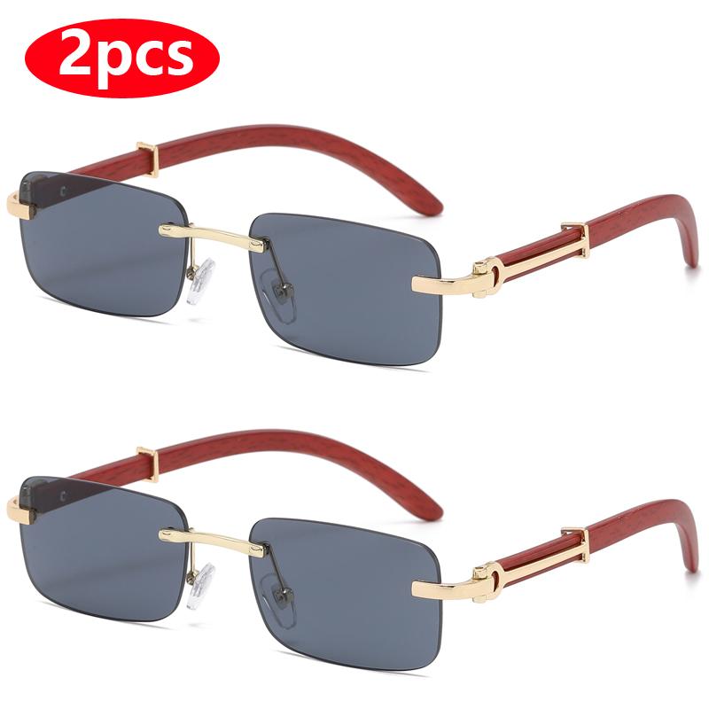 2pcs Rectangle Rimless Sunglasses Women Square Eyeglasses Luxury Brand Designer Retro Wooden Frame Gradient Sun Glasses UV400